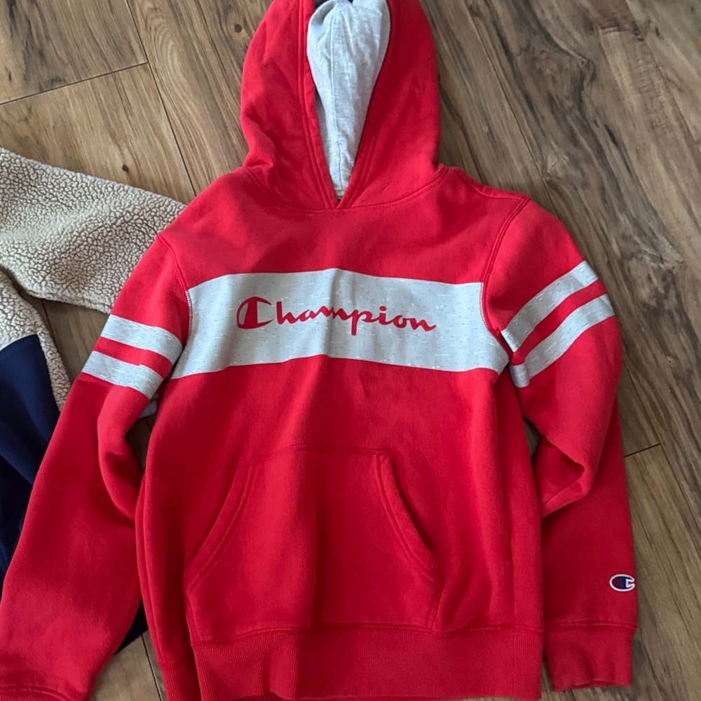 Bundle of TwoChampion Red Hooded Kids Sweatshirt with Cream & Navy Sherpa Jacket - Picture 3 of 5